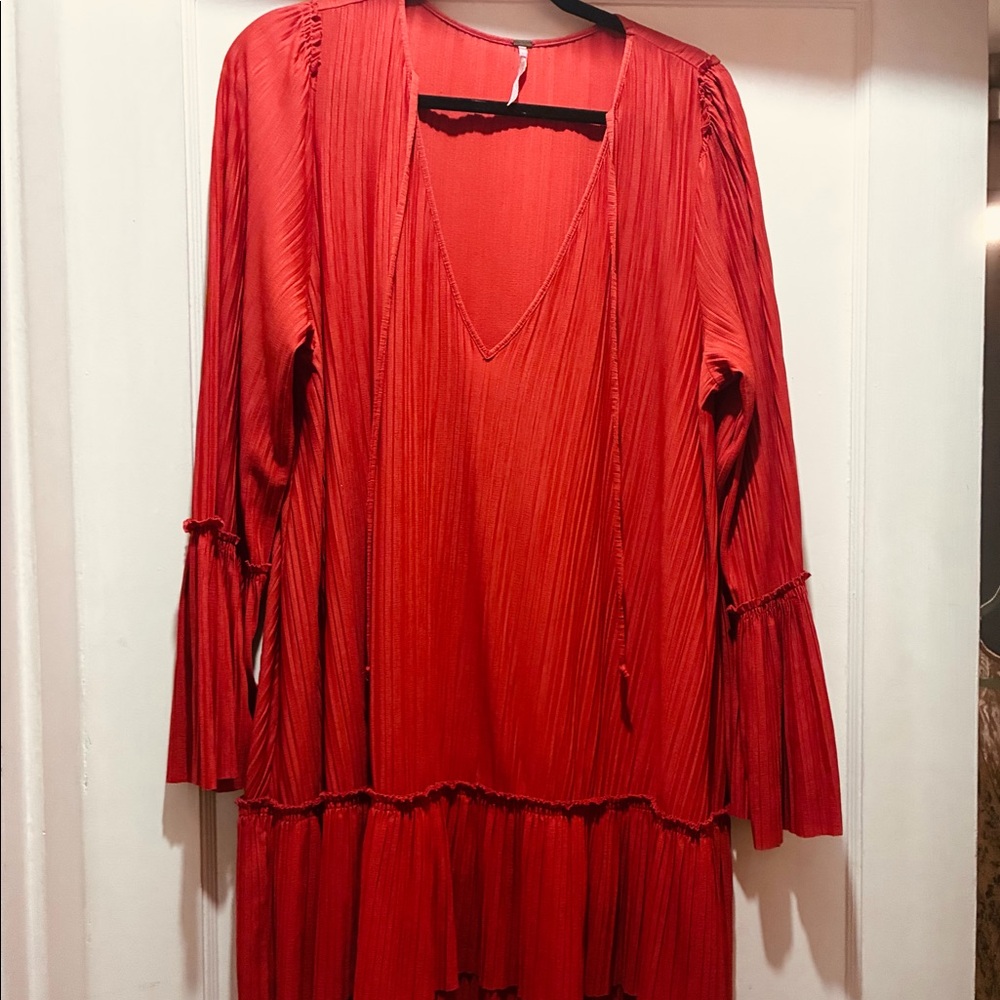 Free People pleated V neck long sleeve red dress